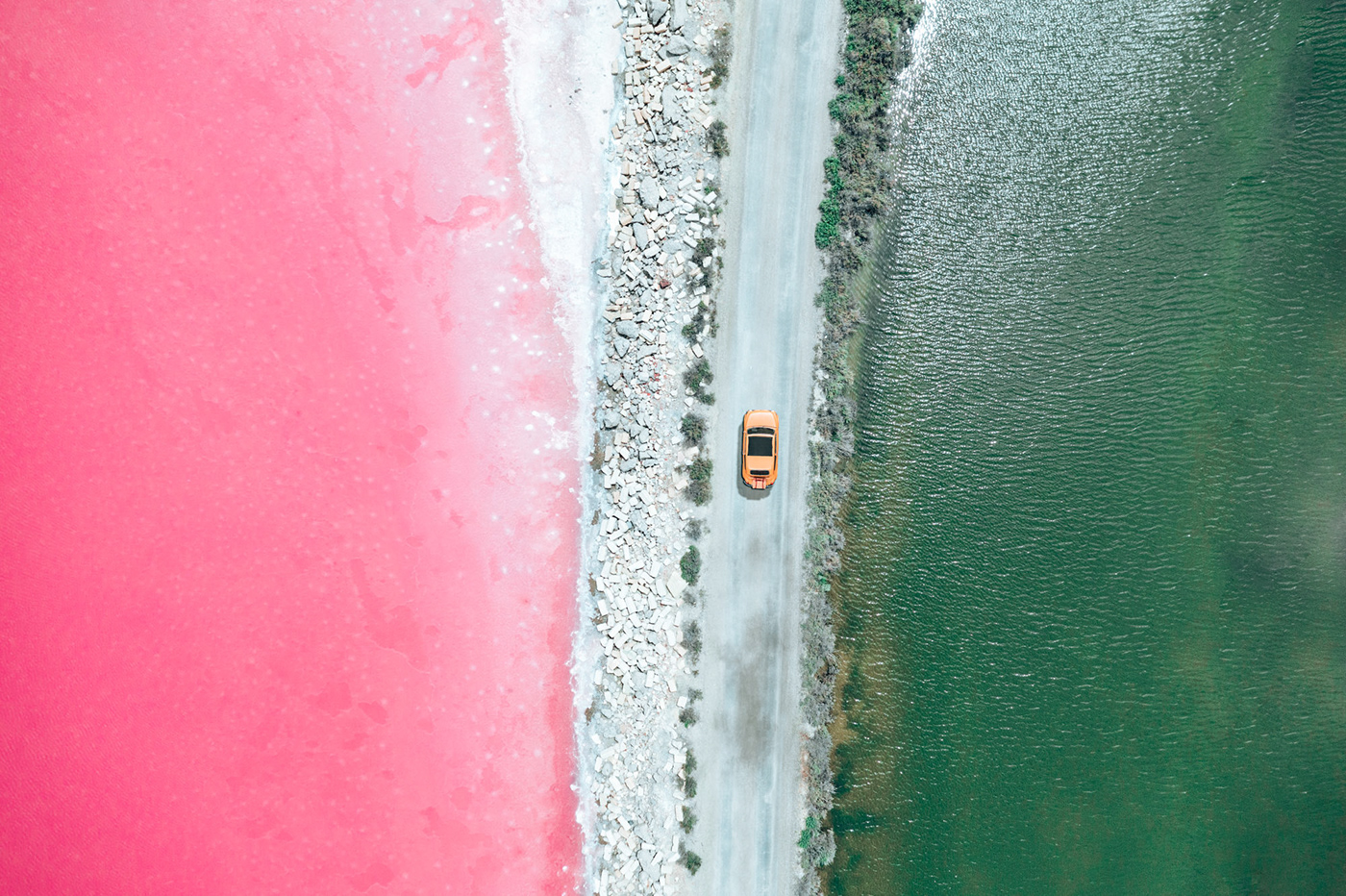 Aerial drone france landscapes pink salina salt mine  saltworks surreal