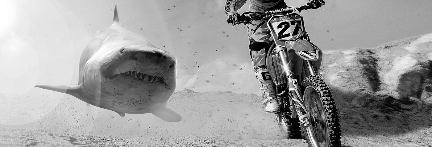 photoshop manipulation retouching  moto Bike shark desert Photo Manipulation  powder Advertising 