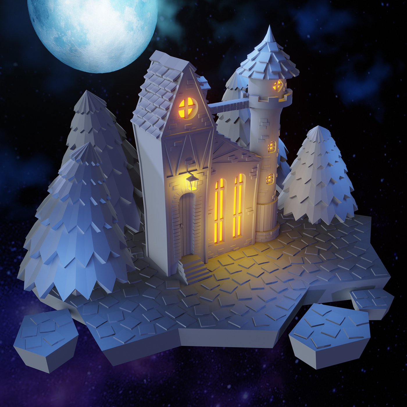 3D art blender3d Castle clouds moon night Render CGI environment