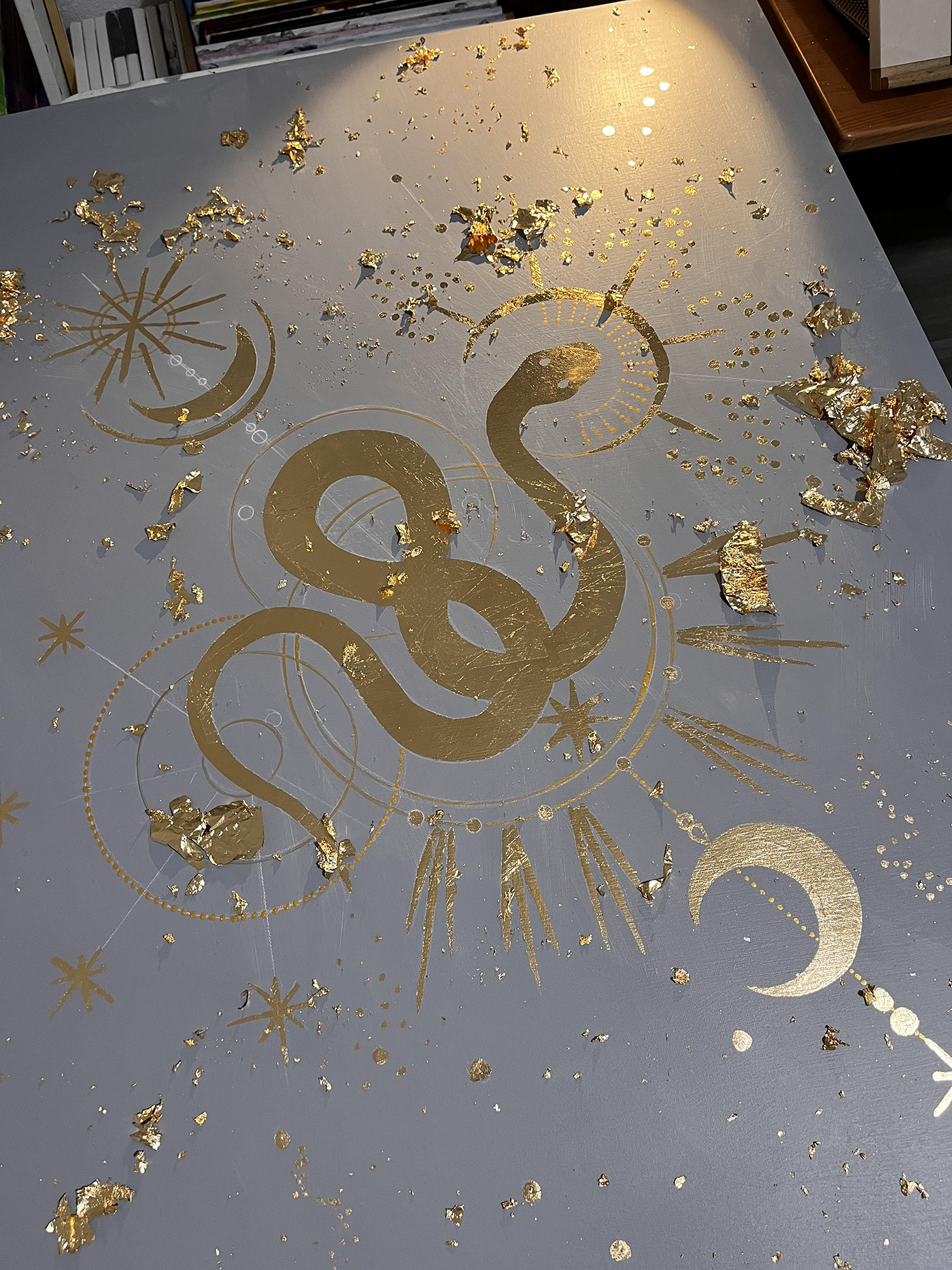 golden dragon La Luna golden snake Acrylic paint detailed gold leaf gold moon goldart golden astrology art moon cicle