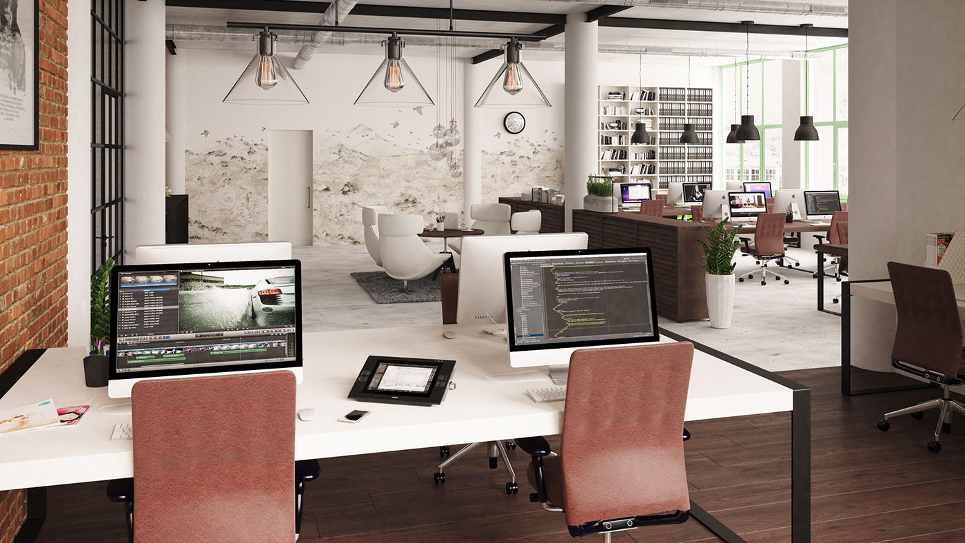 3D visualisation wood industrial concrete Open Space Office agency