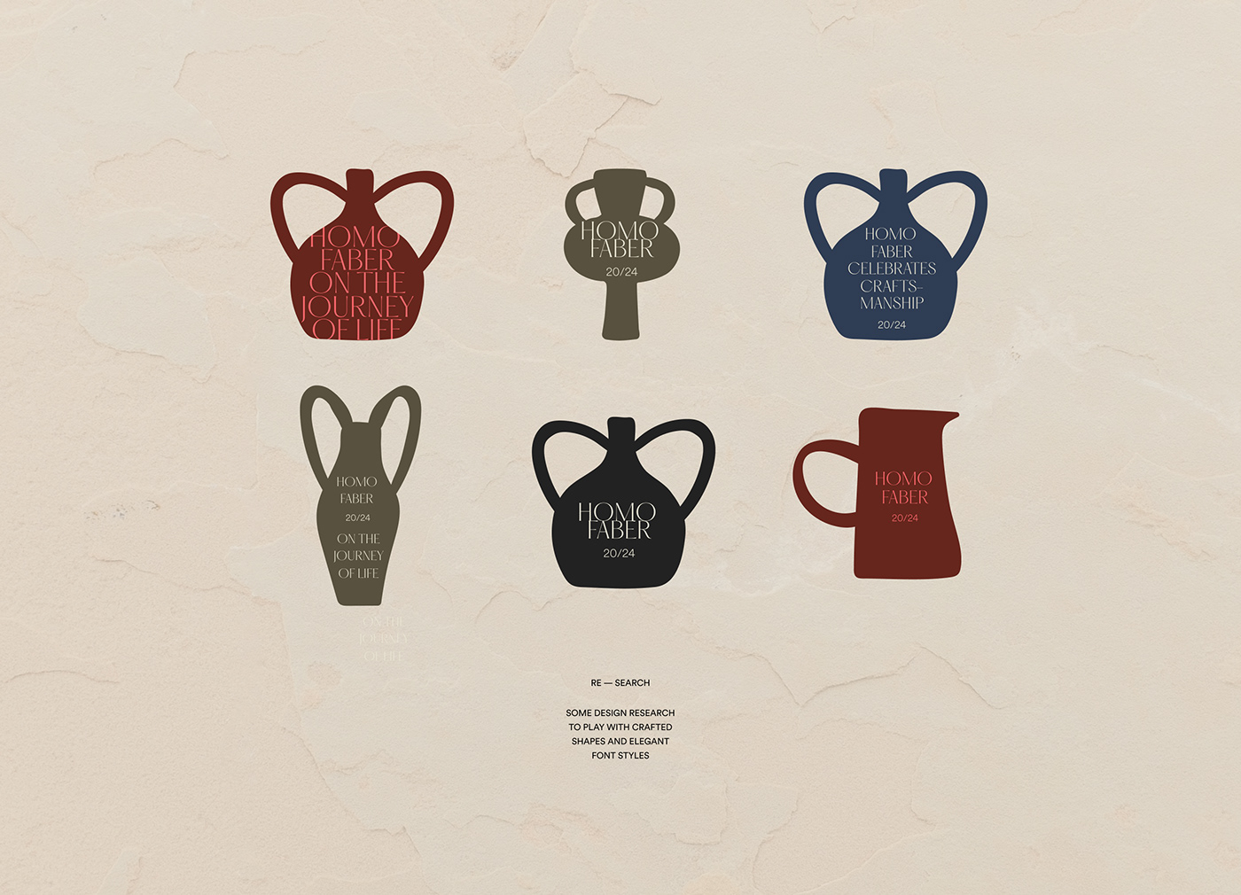 6 logo on crafted vase illustrations, green red blue and black, beige rough backgrounf etxture