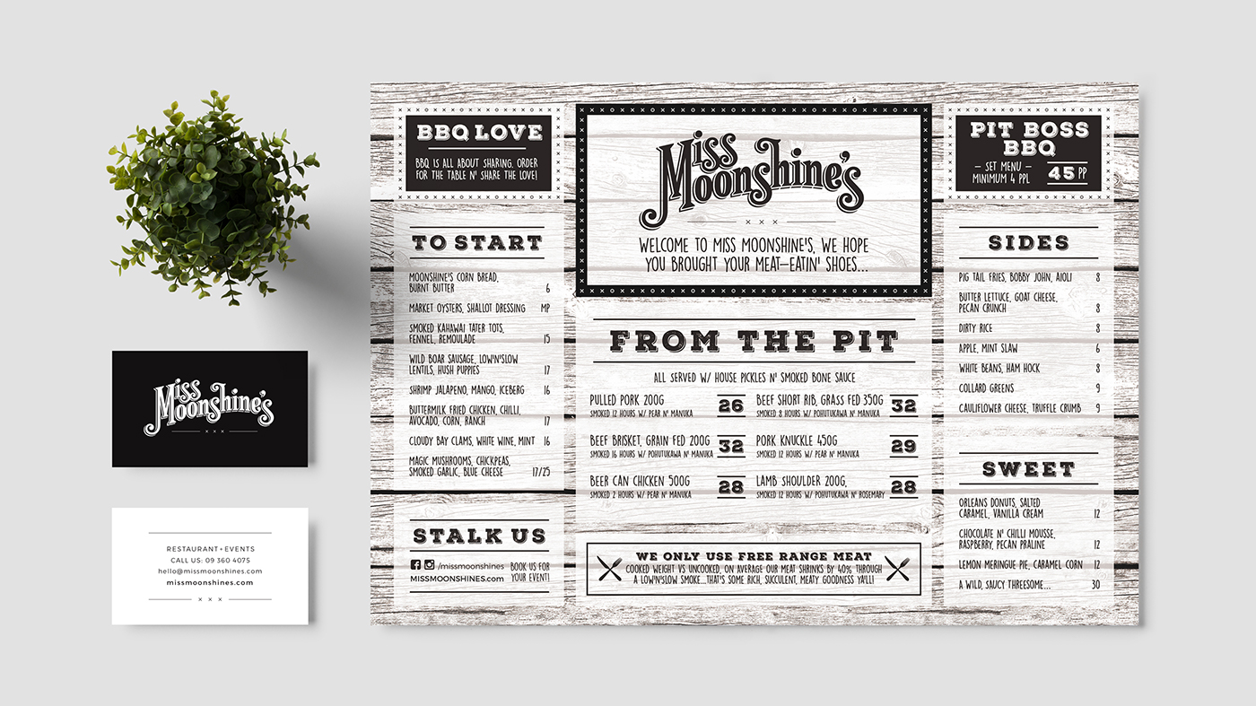 graphic design print brand identity logo lettering type Website mobile Responsive menu restaurant american Moonshine