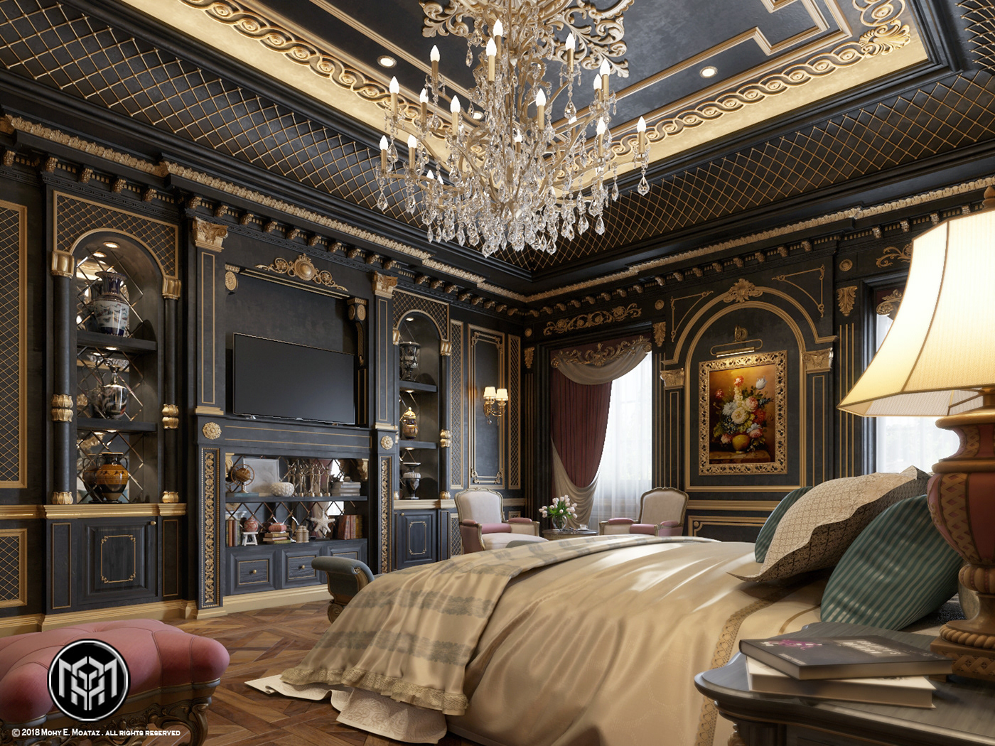 luxury bedroom black gold interior design  Photography 