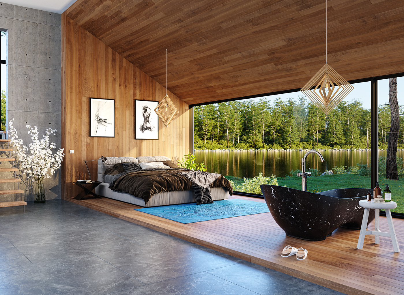 3ds max archviz corona render  Interior exterior bedroom bathroom photoschop 3D lake