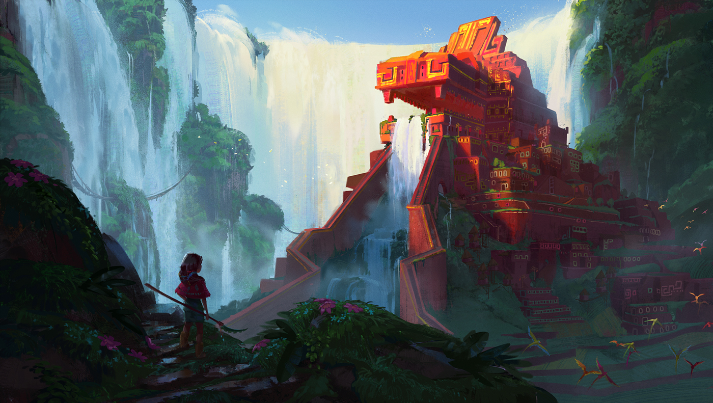 fantasy mayan waterfall Visual Development ILLUSTRATION  digital painting Vis Dev stylized cartoon animation 
