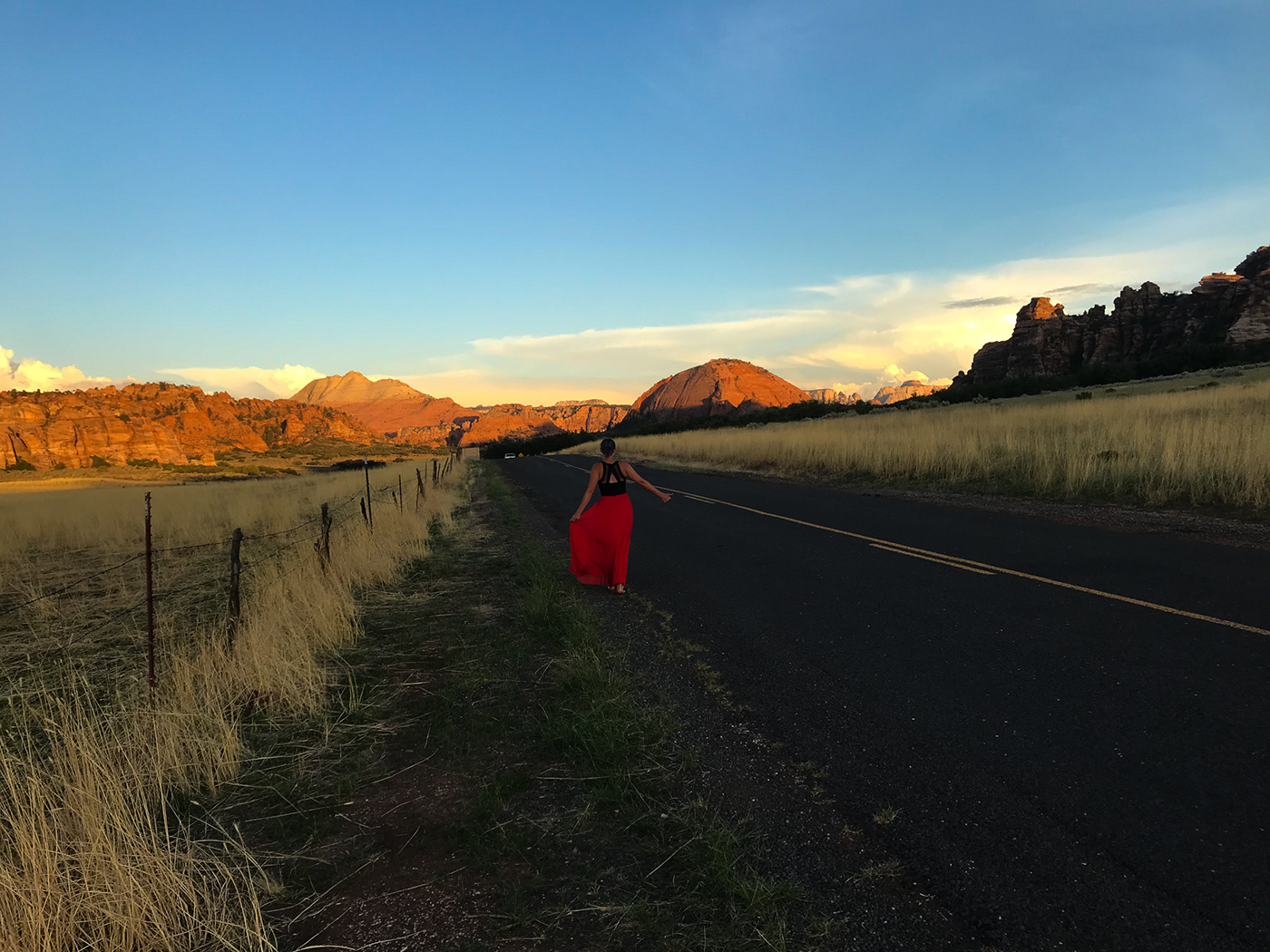 Outdoor dress girl Nature explore adventure woman Love utah desert road sunset clouds