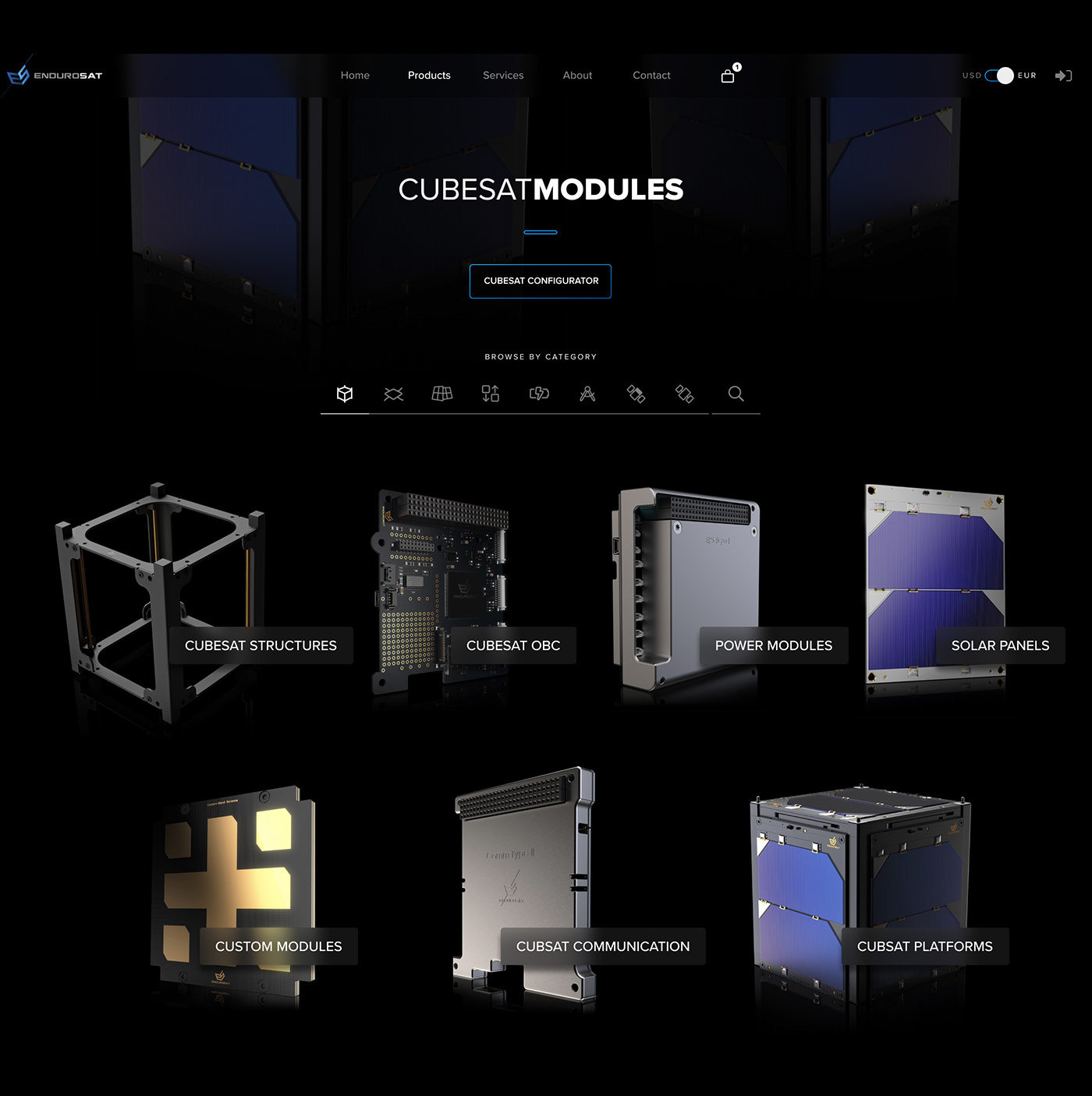 Space  Web Design  UI dark satellite endurosat Technology CubeSat black web site