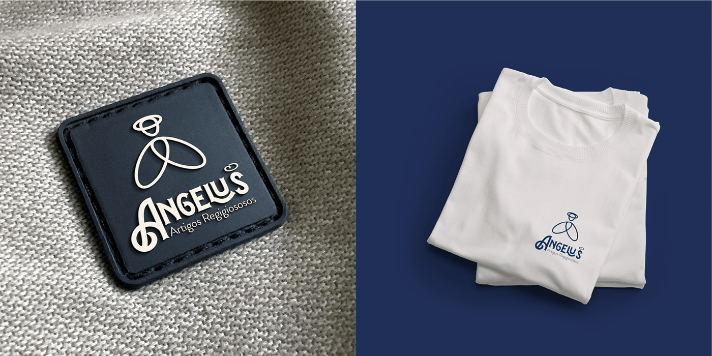 Aplicação da logo Angelus em uma camiseta e em uma tag emborrachada - Artigos religiosos