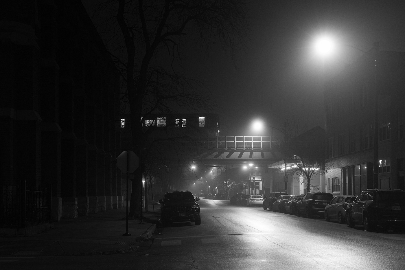 black and white chicago fog Monochromatic night street photography