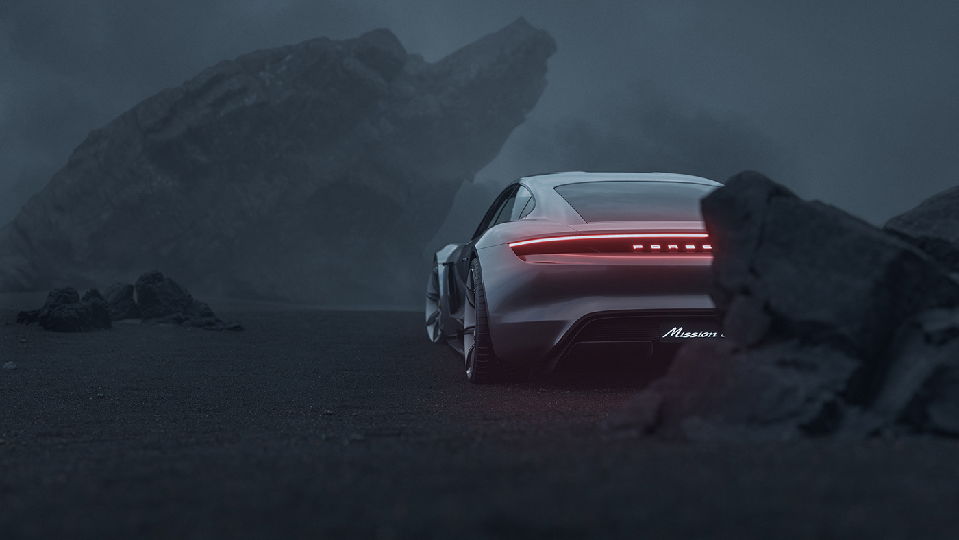 3D automotive   car CGI electric iceland Landscape Porsche rendering megascan