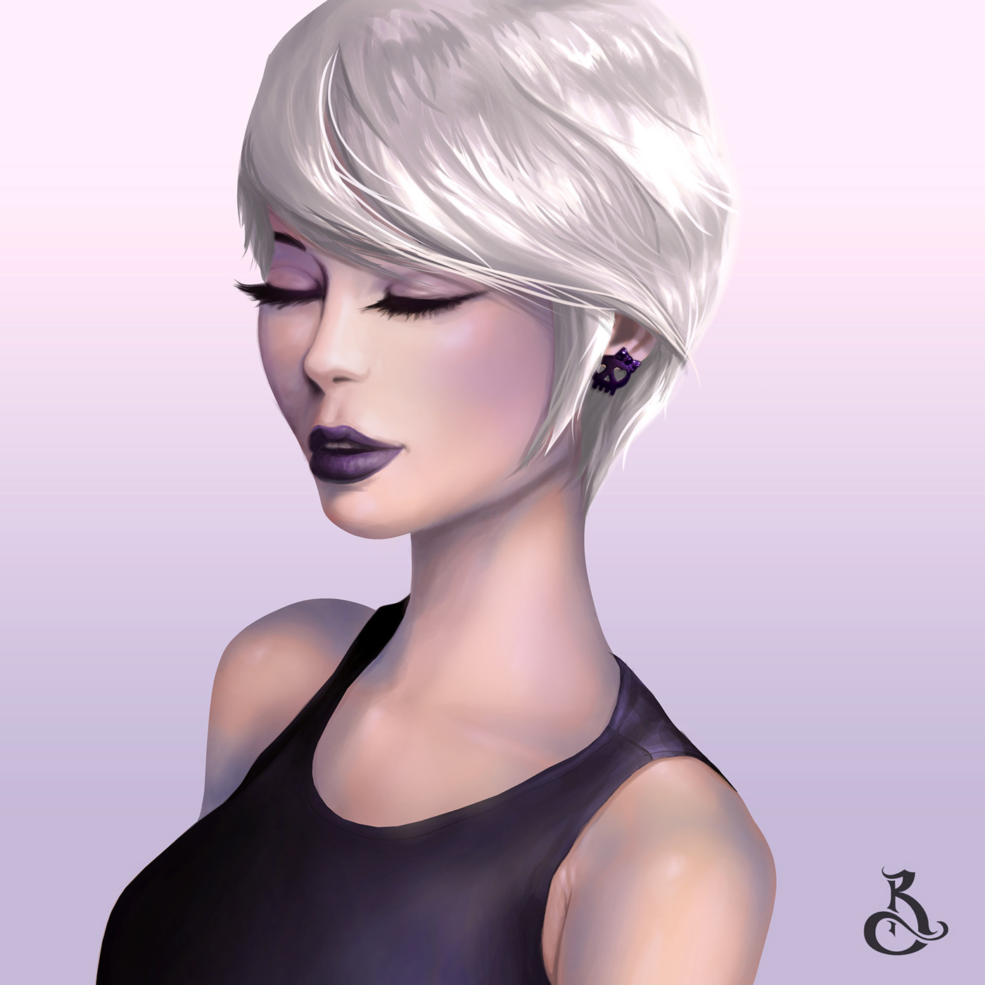girl shorthair silverhair portrait violet gothic Render face Character purple