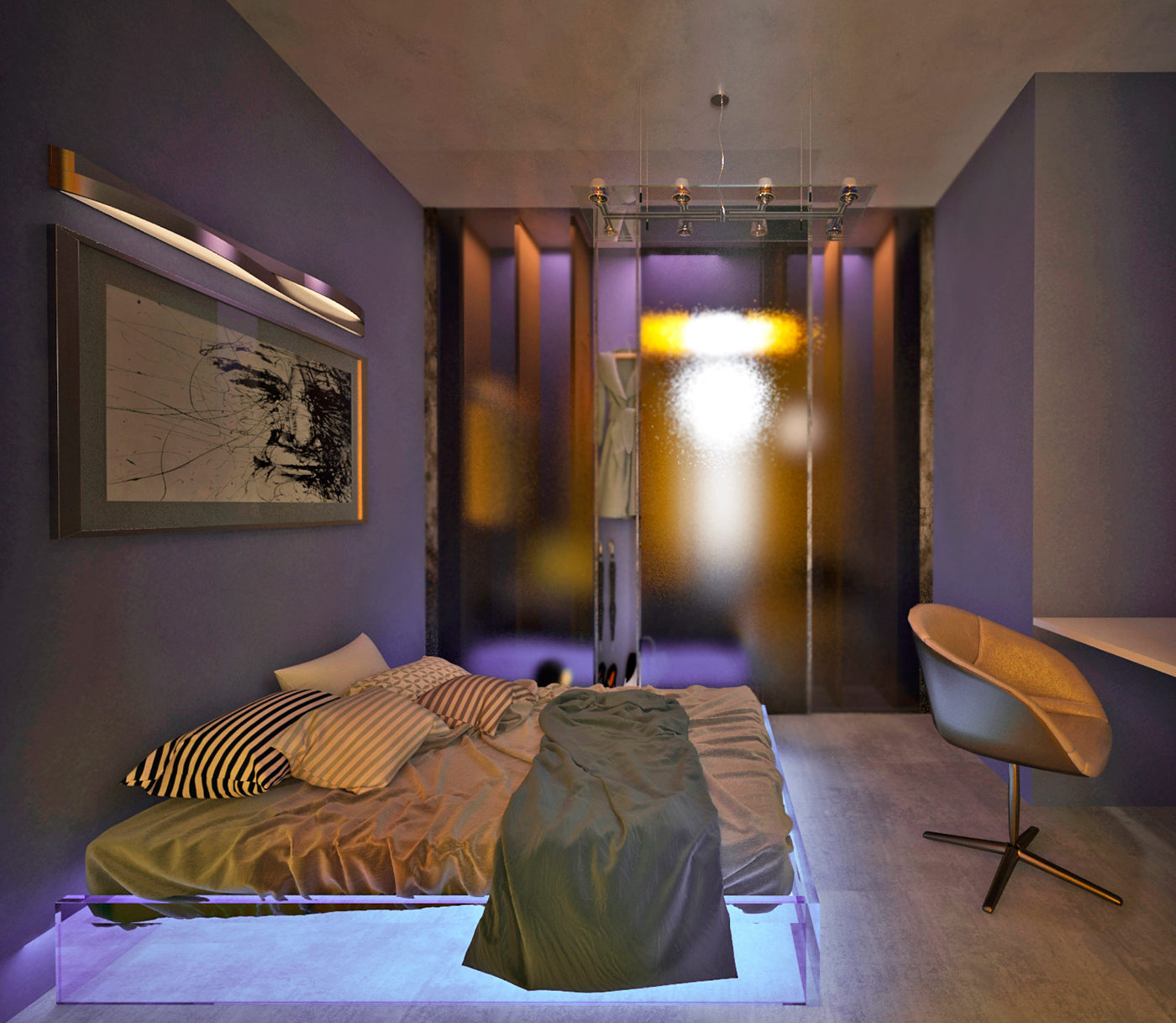 hi-tech minimalistic glass metal Interior vray light bathroom violet purple blue stone tv set kitchen contemporary