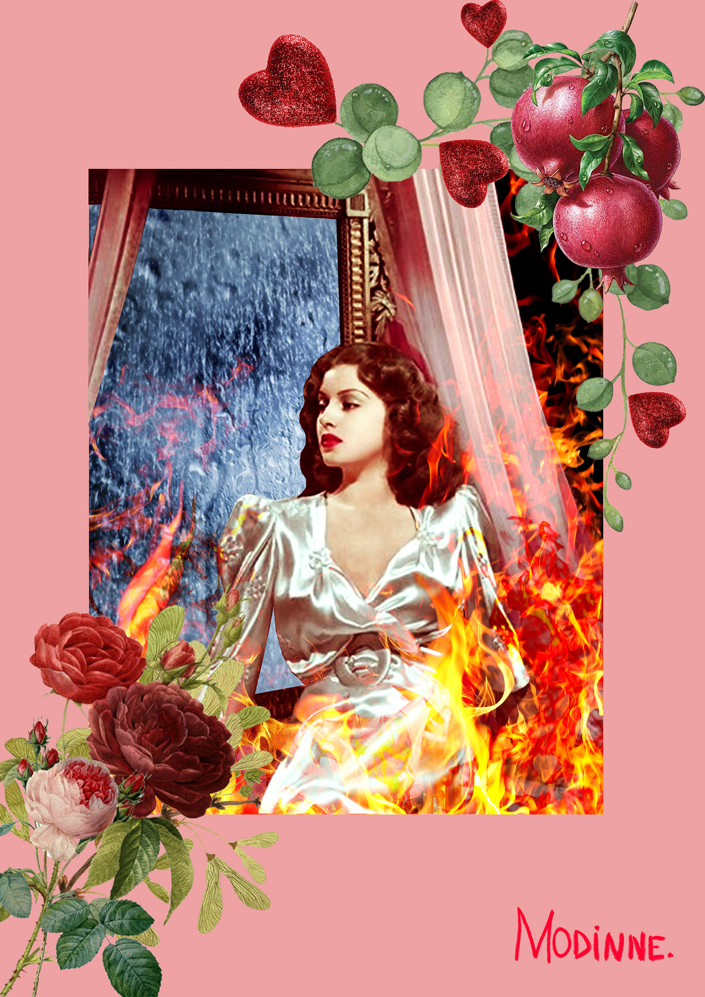collage fire Flames Flowers lana turner pink rain red romantic Roses