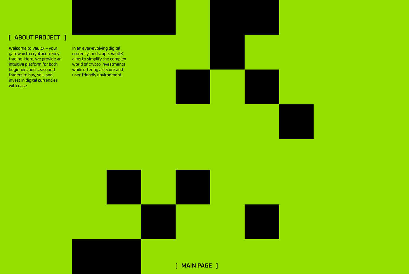 a block with a description of the project and black cubes on a green background