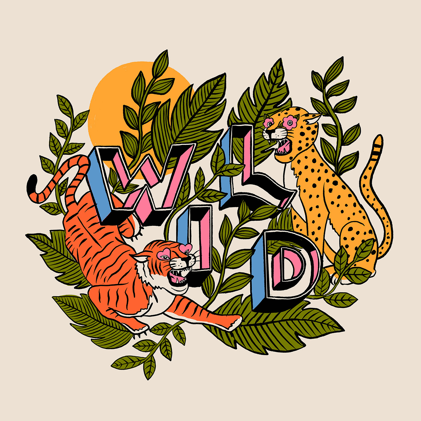 WILD hand lettered type designs in a composition with plants, a sun, a tiger and cheetah.