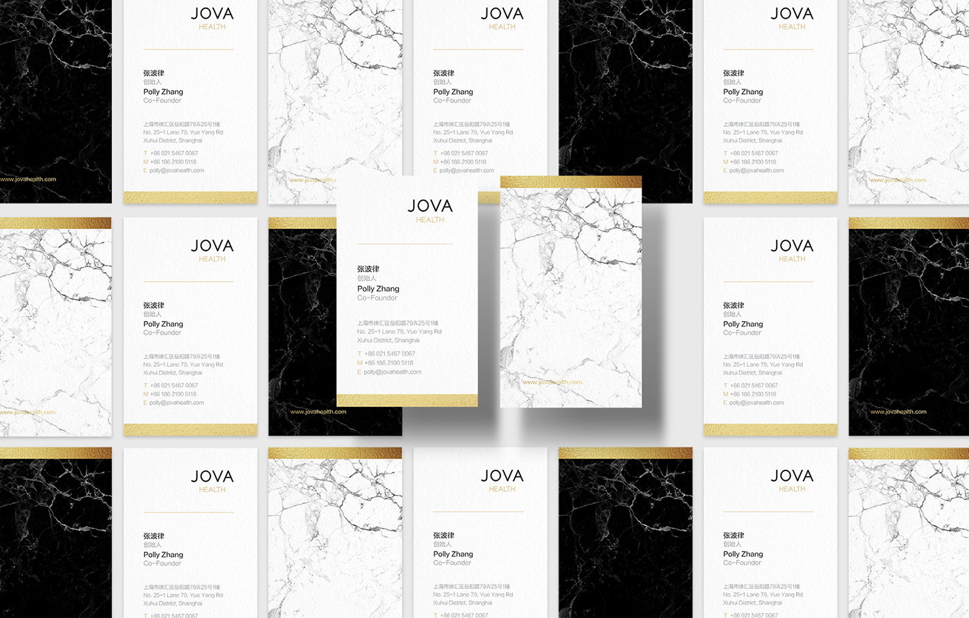 identity drink beverage VI Jova brand package gold Marble Health logo business card Stationery