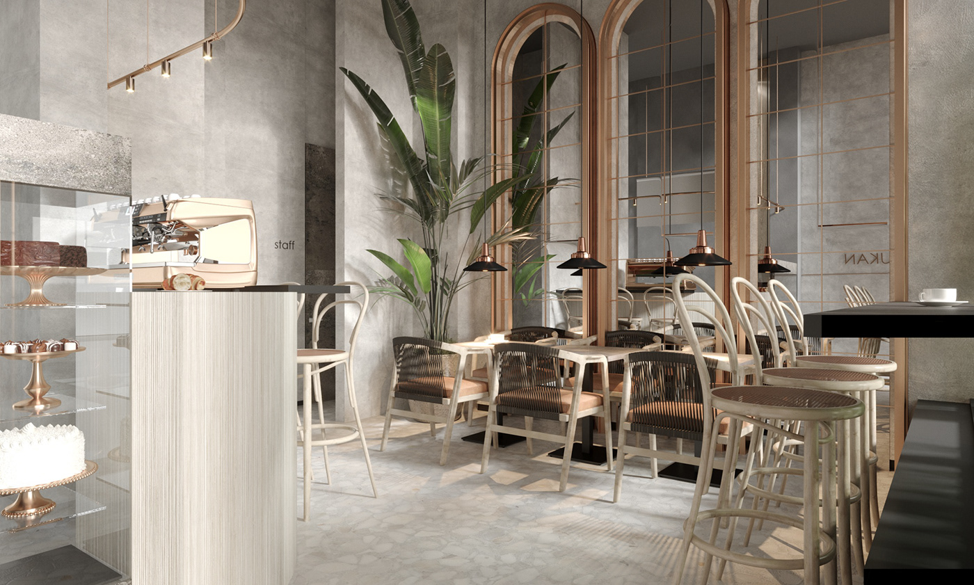 bakery Candy shop copper cafe dessert design Ton concept Confectionery Patisserie coffee shop Gray Interior
