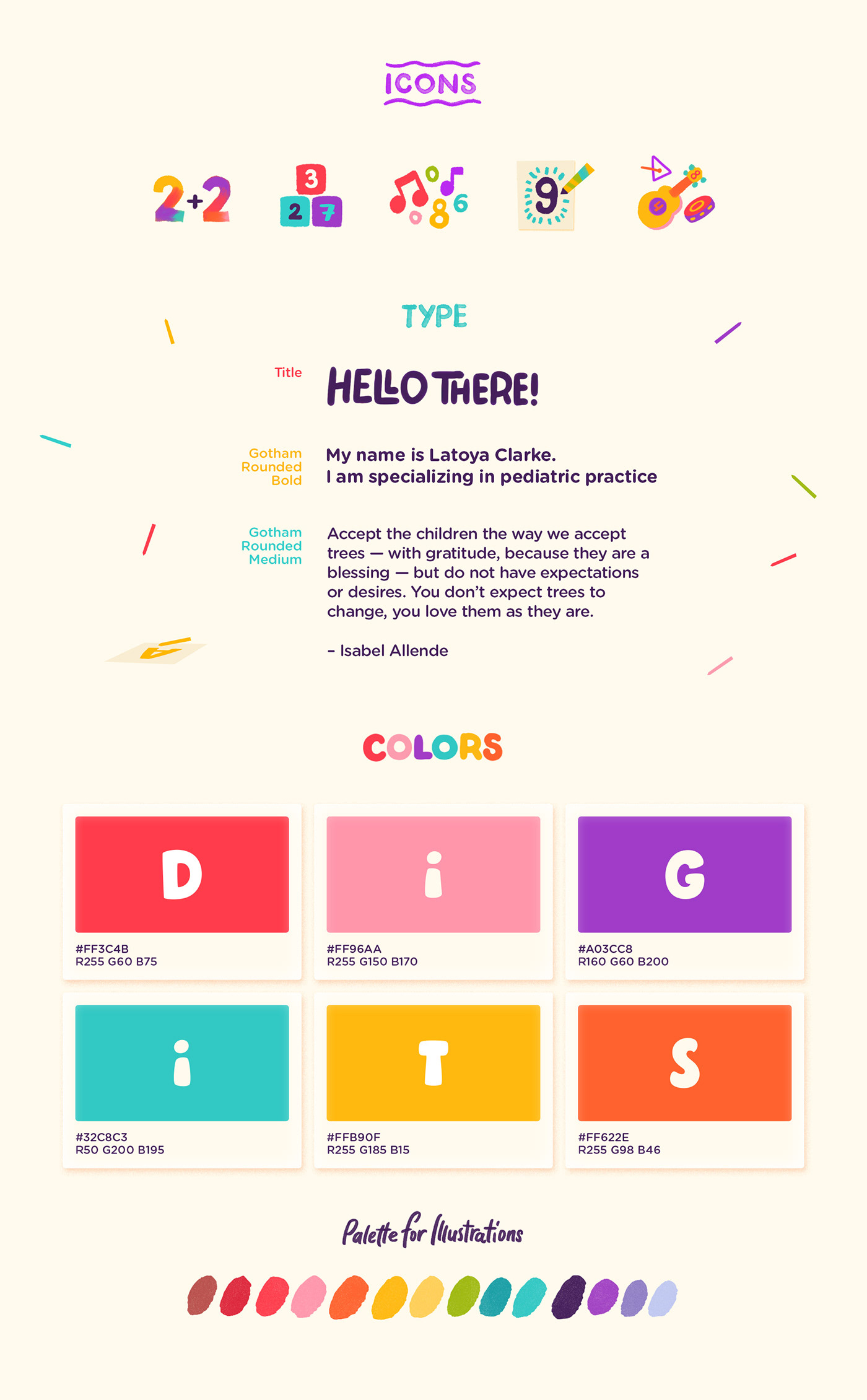 Cute kids icons, brand typography, brand colors