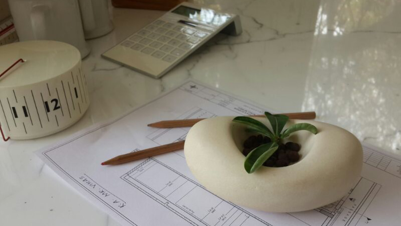 product design ID industrial Paperweight Planter concrete glass desk workspace