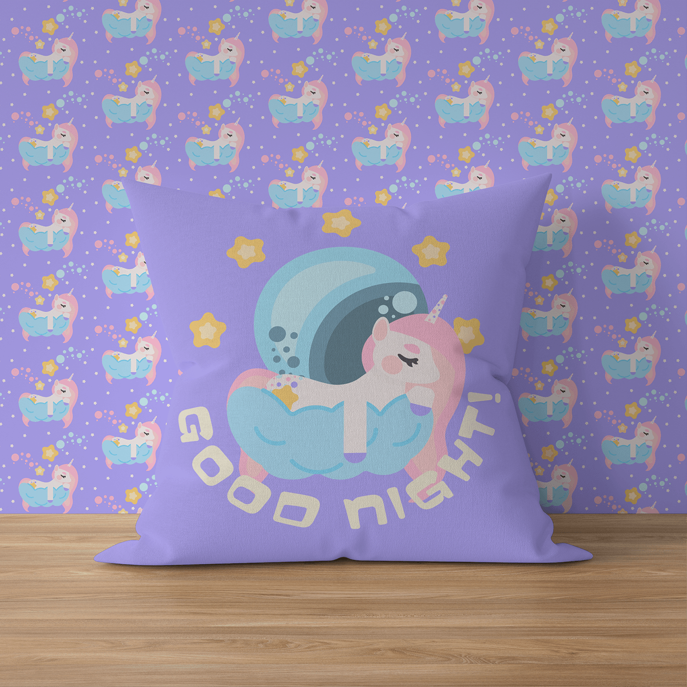 pattern print children illustration unicorn cute goodnight sleep bed cute illustration Pillow Design