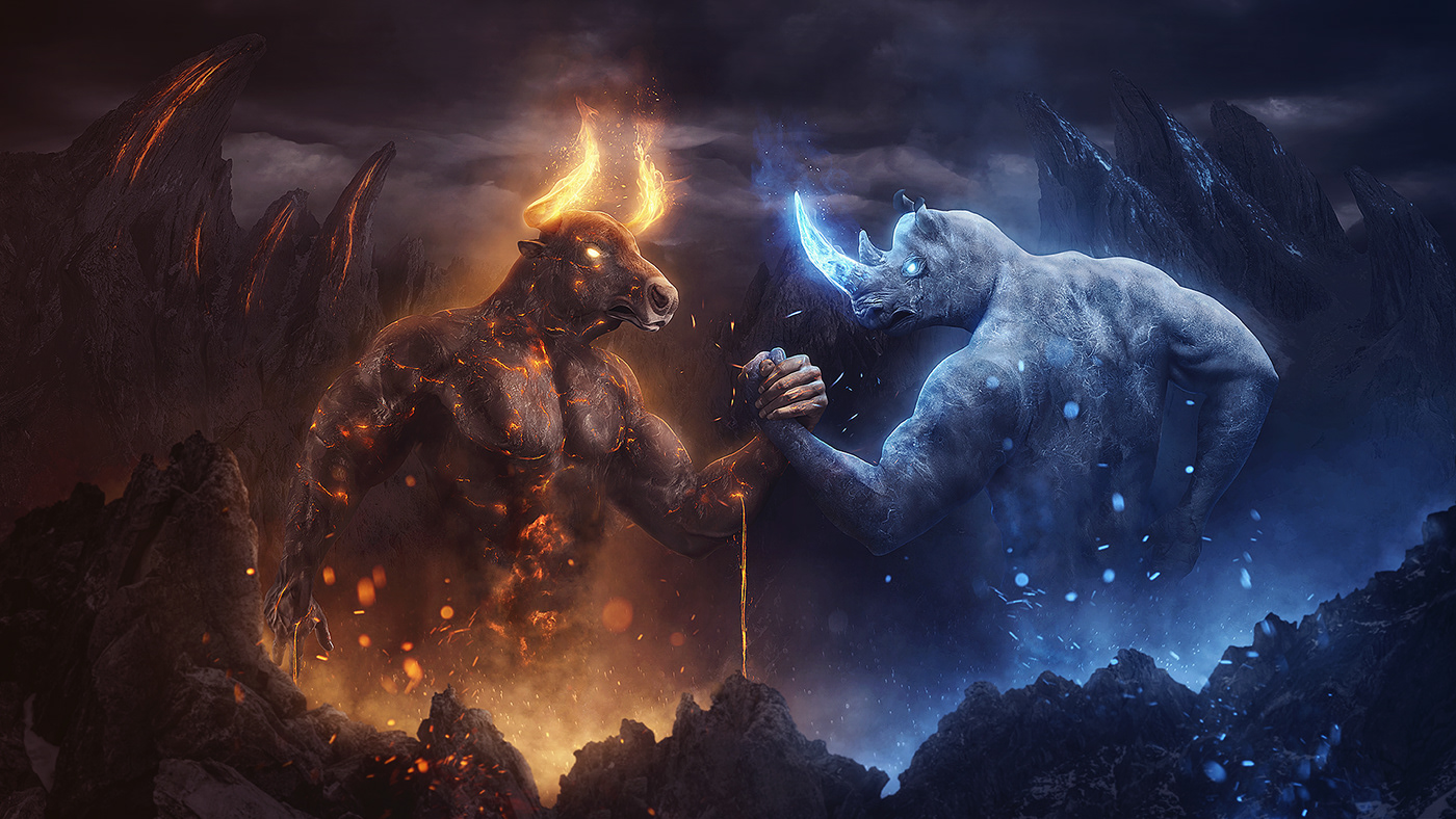 fantasy Fifght duel fire lava frozen Rhino bull God power