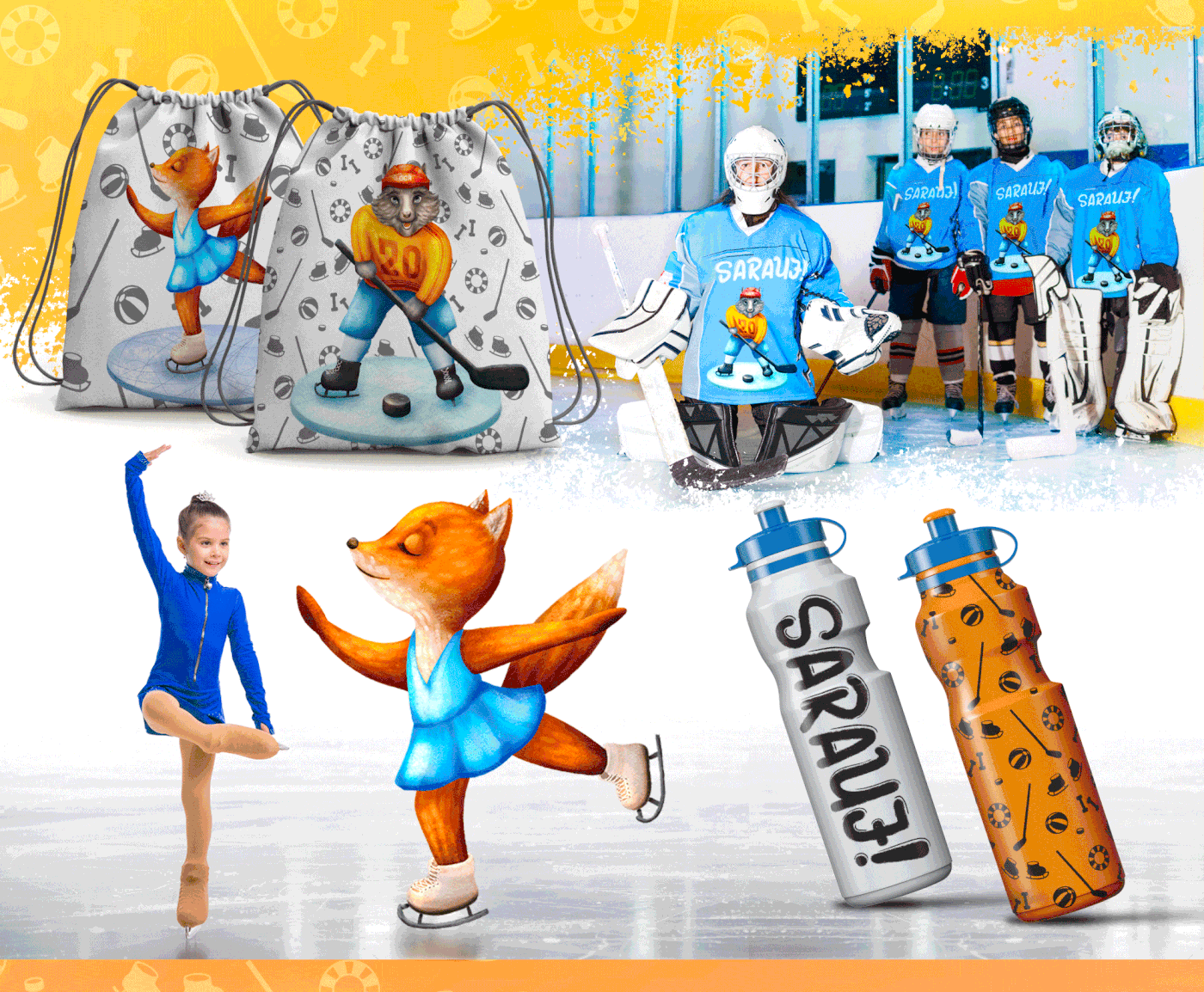 Five characters were designed for advertising materials of sport center’s children sections. 