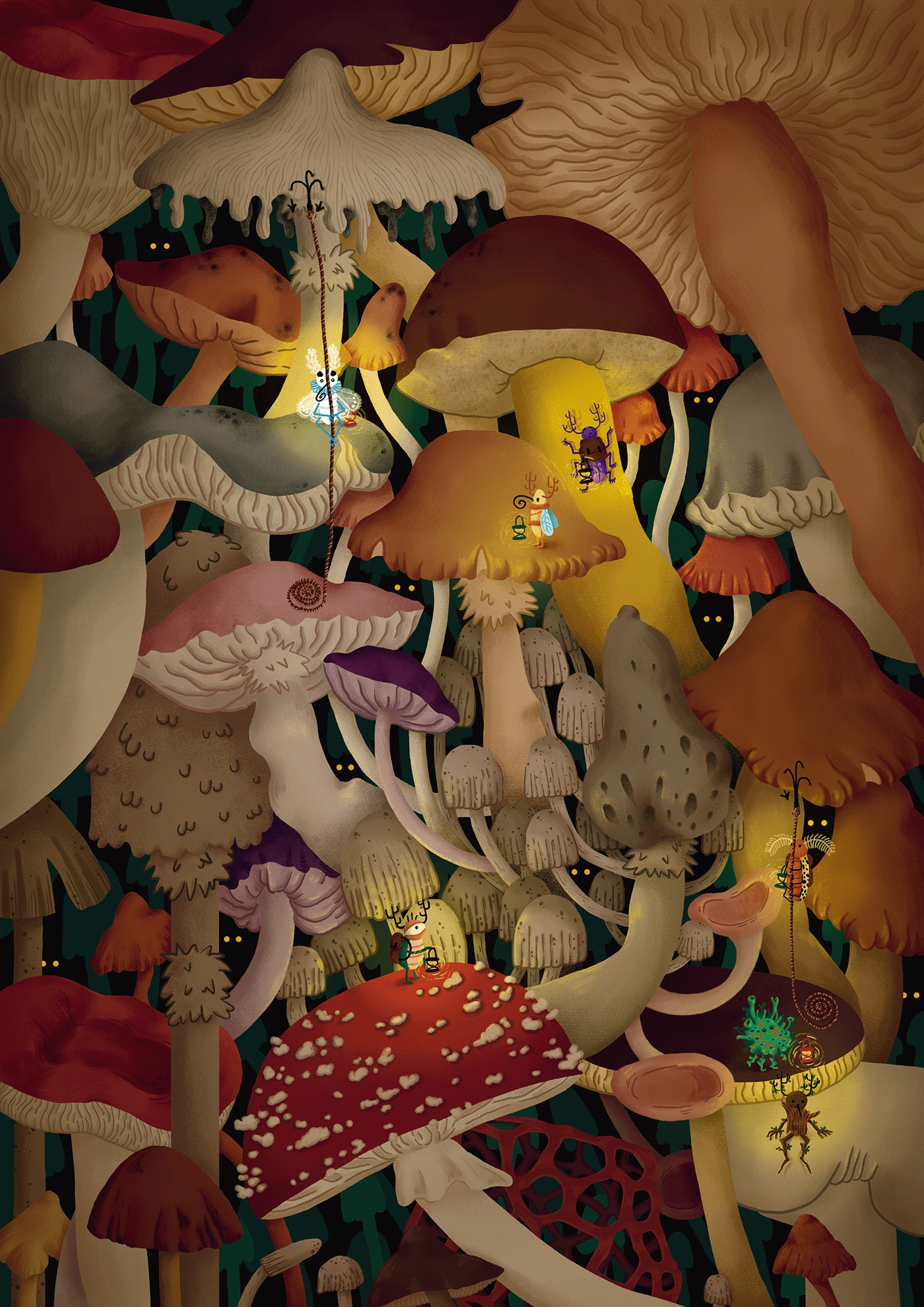 Mushrooms forest Digital Art  ILLUSTRATION  microworld   bugs critters cute digital illustration cozy