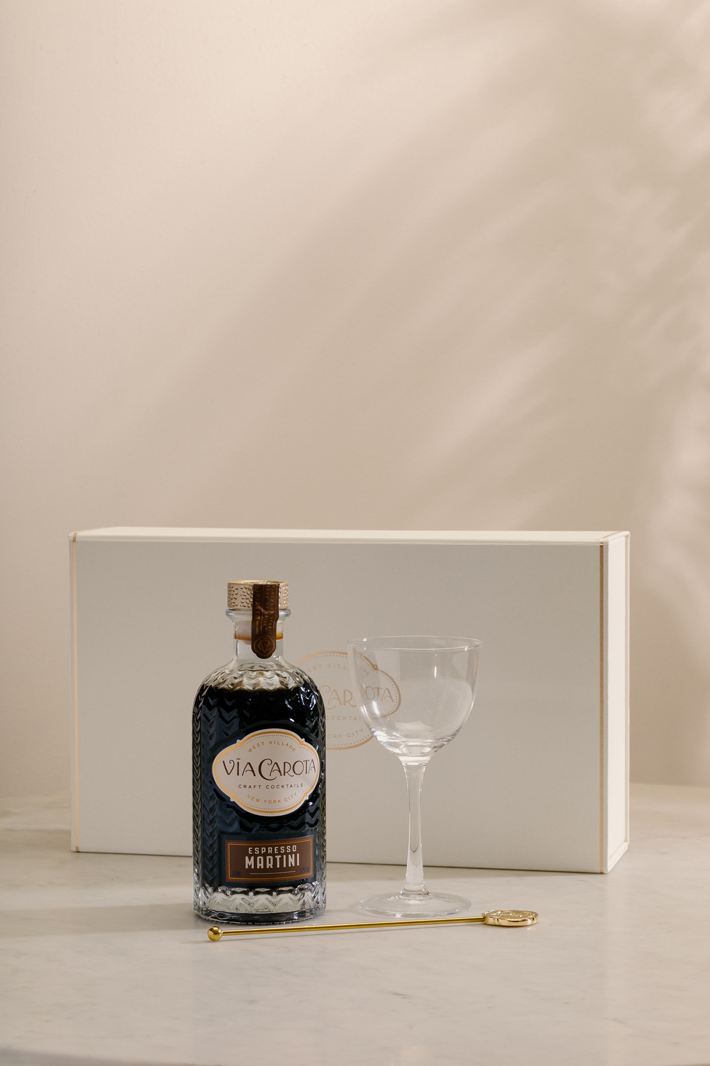 Via Carota gift set with Espresso Martini ready to pour cocktail, glassware and stirrer
