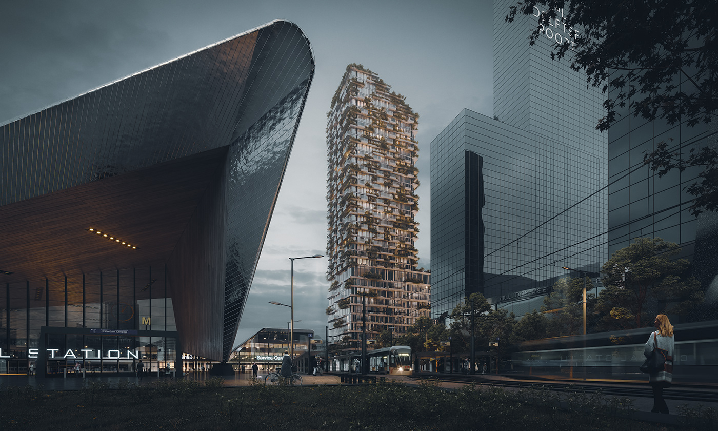 a 3d rendered view for the treehouse tower in relation with the iconic Rotterdam central st. form.