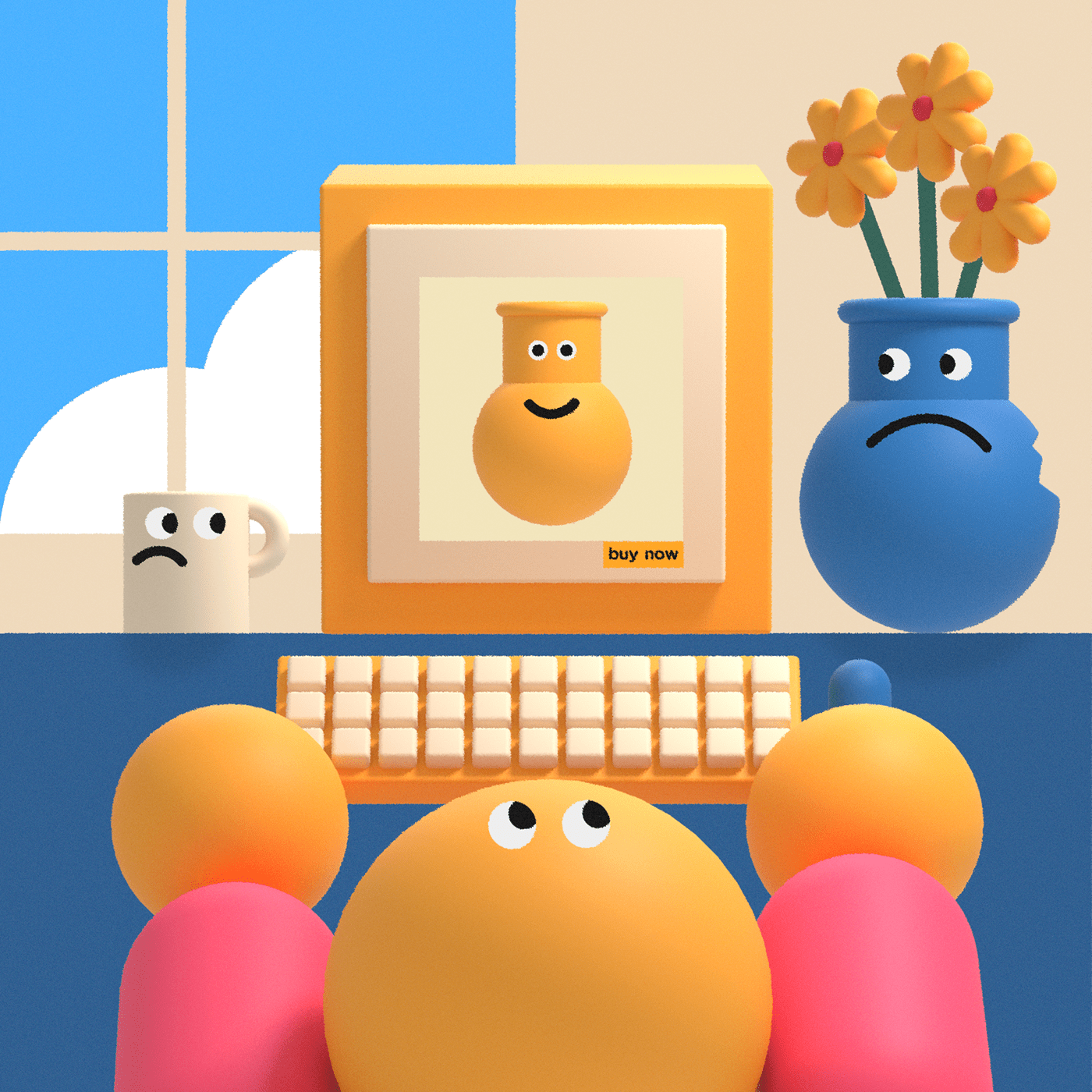 3D editorial ILLUSTRATION  minimal simple Character design Playful Primary colors