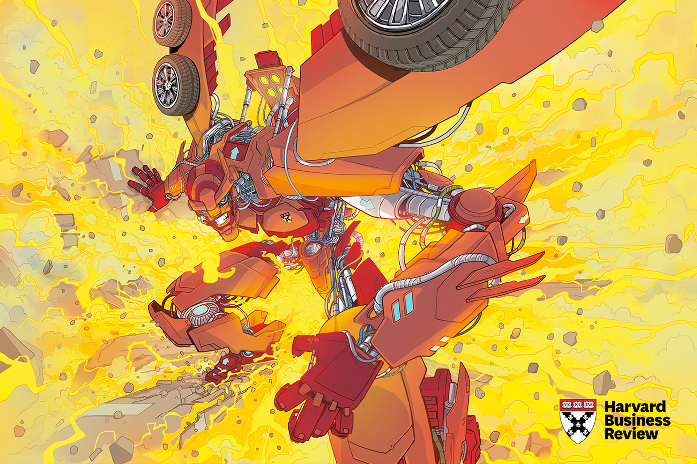 robot Transformers print ILLUSTRATION  mecha fire harvard business review magazine spread