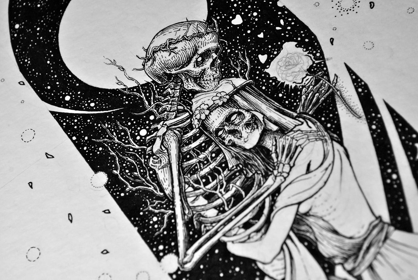 linework graphics etching Lovers Love couple Deadman skeleton skull wheat
