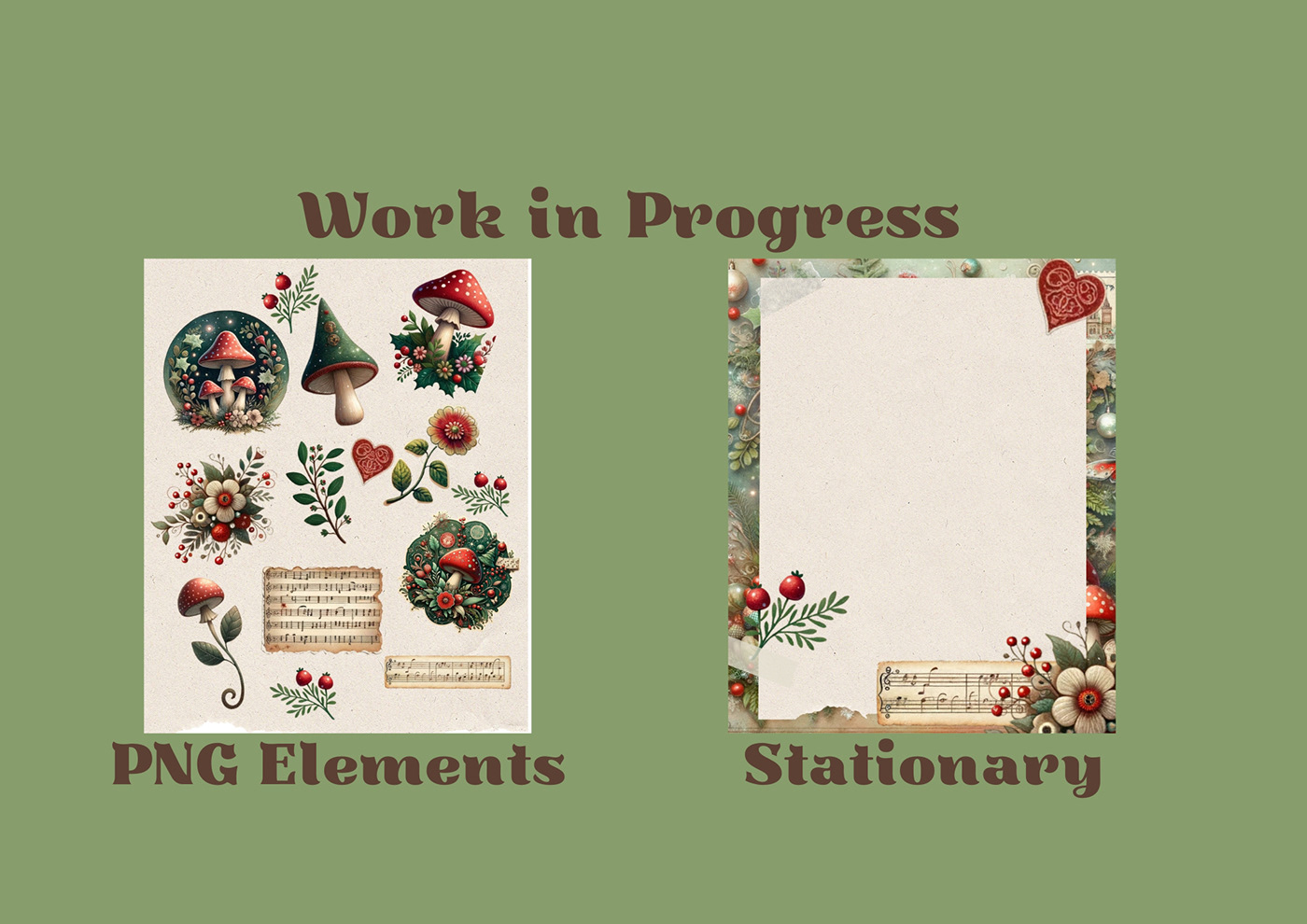 cottagecore Mushrooms png elements Christmas Stationary papercrafts