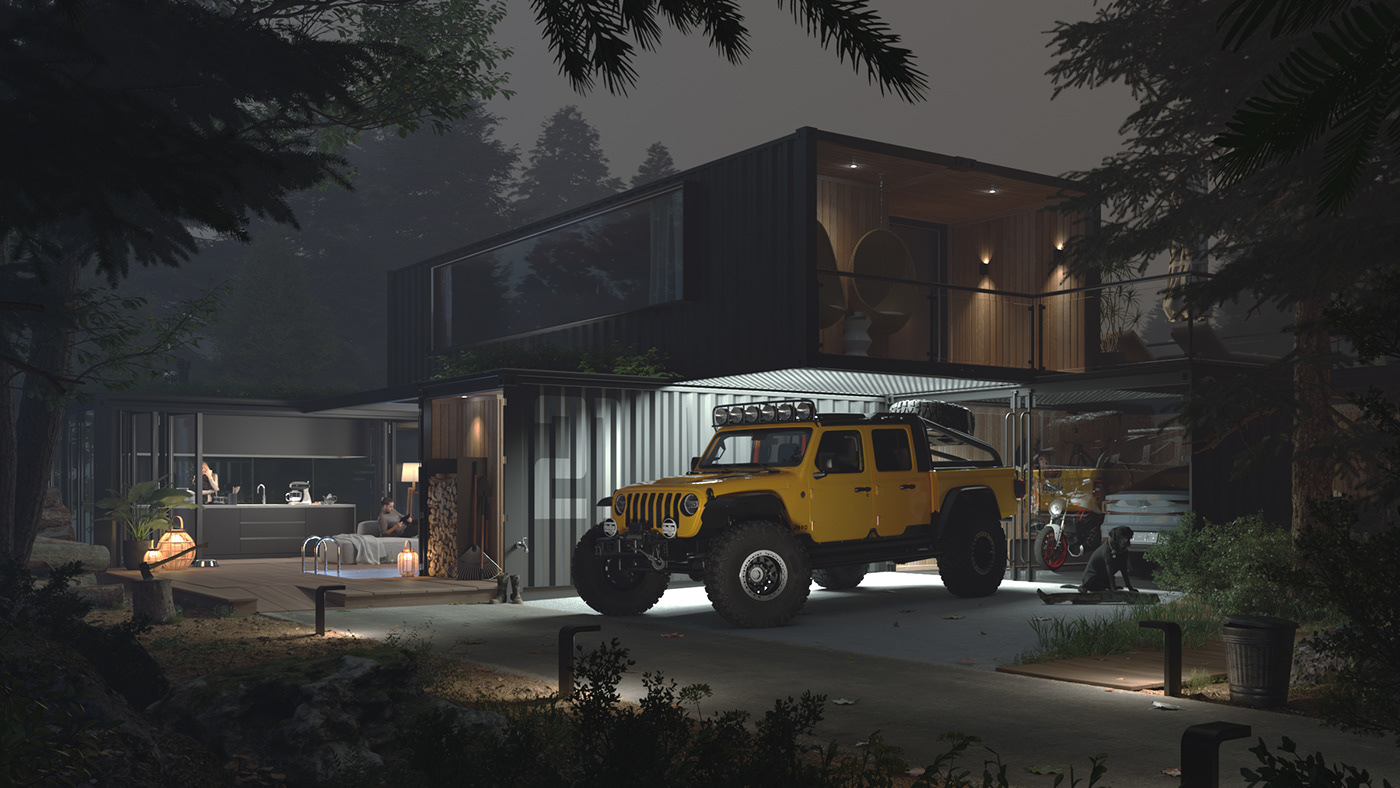 3D 3d car architecture CGI container forest jeep tinyhouse visualization vray