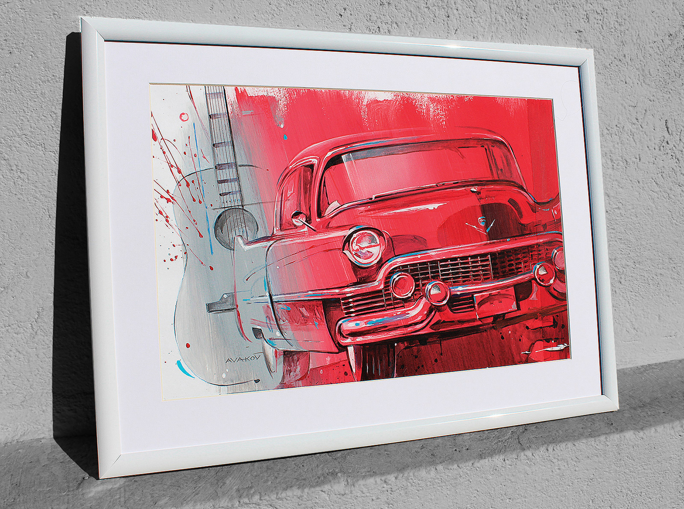 elvis Rock-n-Roll cadillac guitar art painting   automotive art Car Lover car painting Car Illustration