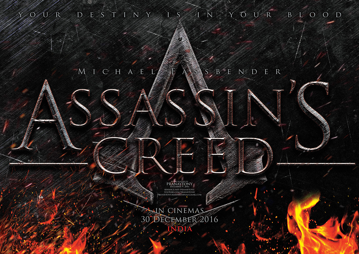 Assassin's Creed movie poster design Poster making fire Flames grunge black red grey