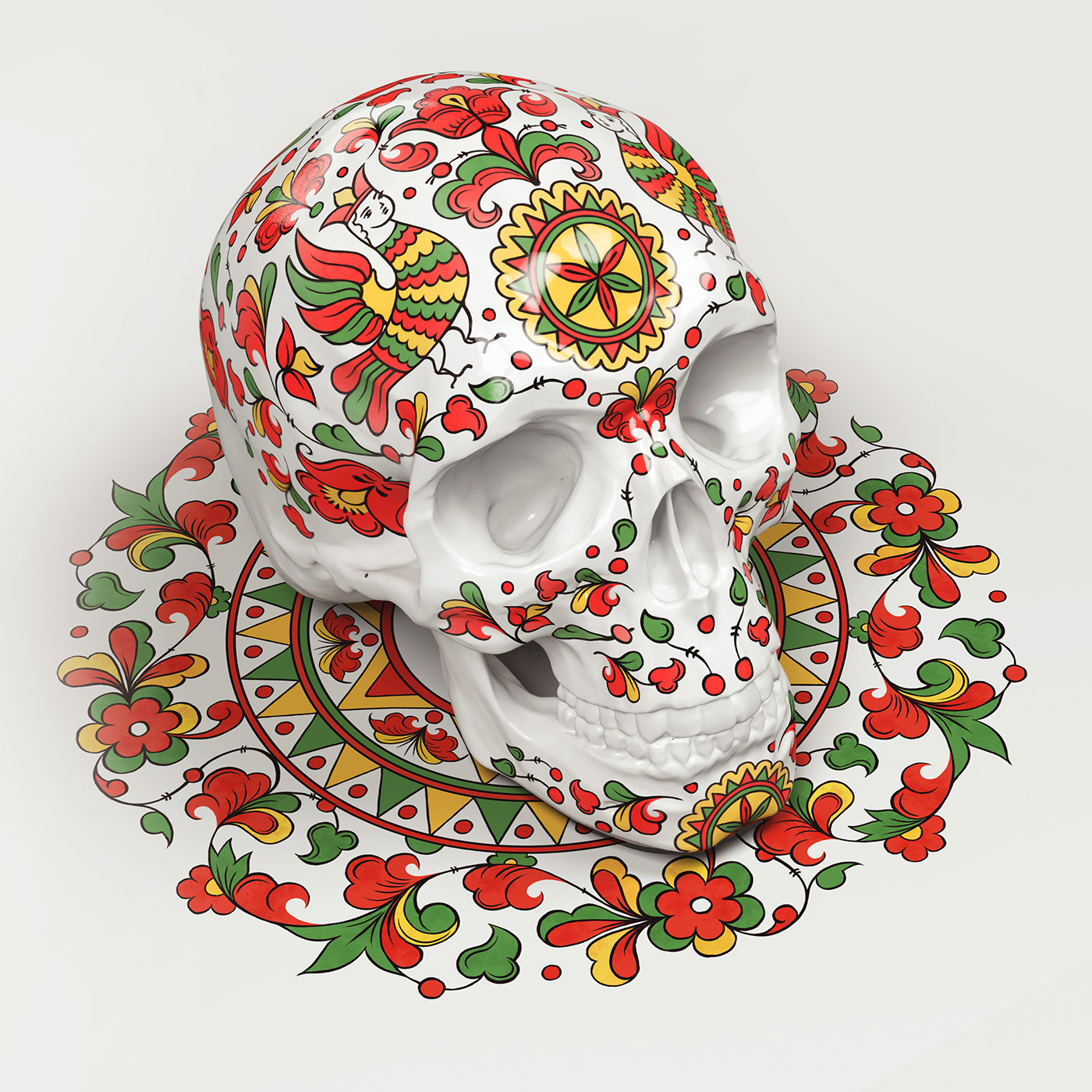 Dia De Muertos Gorodets gzhel North-Dvina Zhostovo mezen Khokhloma folk skull print
