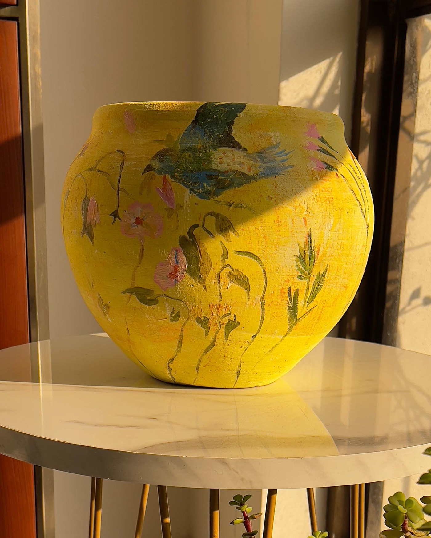 yellow artwork Pottery Hand Painted terracotta birds Nature photoshoot lightroom beauty