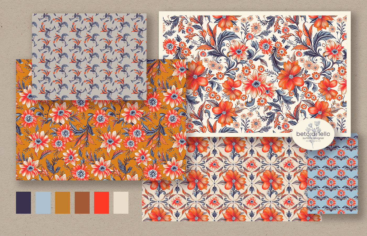 floral botanical Flowers Digital Art  Drawing  surface design textile pattern seamless Surface Pattern
