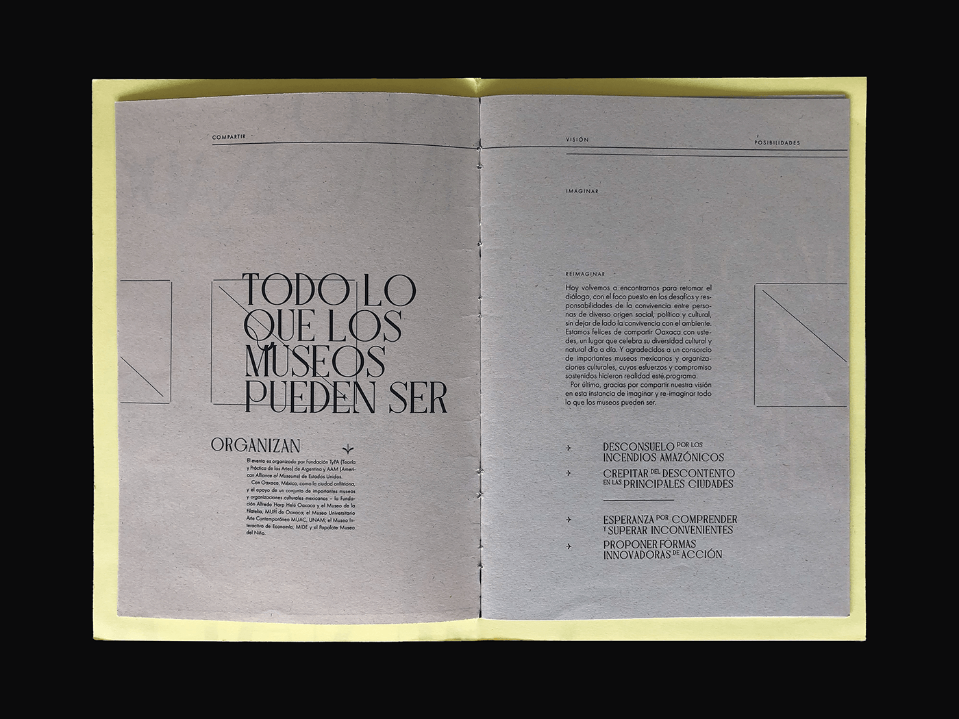 The content of the fanzine, using recycled paper, yellow paper and typography with lines only.