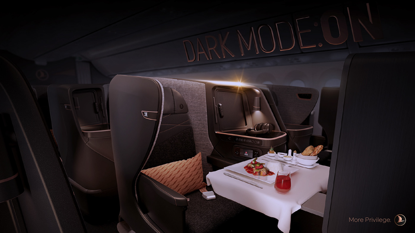 aviation black Business Class comfort dark dark mode gold privacy privilege Turkish Airlines