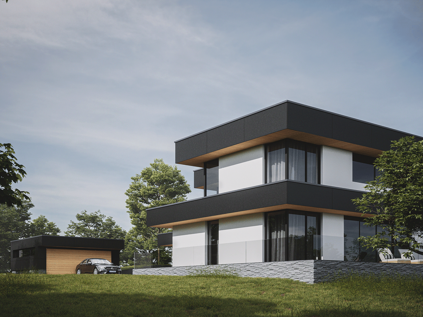 3ds max architecture ForestPack FStorm Render house modern private house Render Tree 