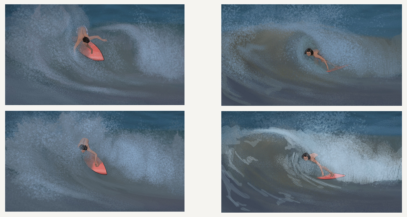 animation  Project Rotoscope sand skimboard stop motion surfer water watercolor waves