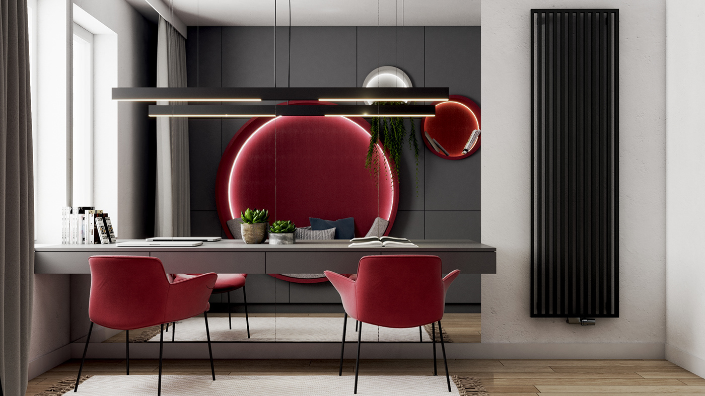 circle circles home interiordesign Office Playful red redchair Workingspace