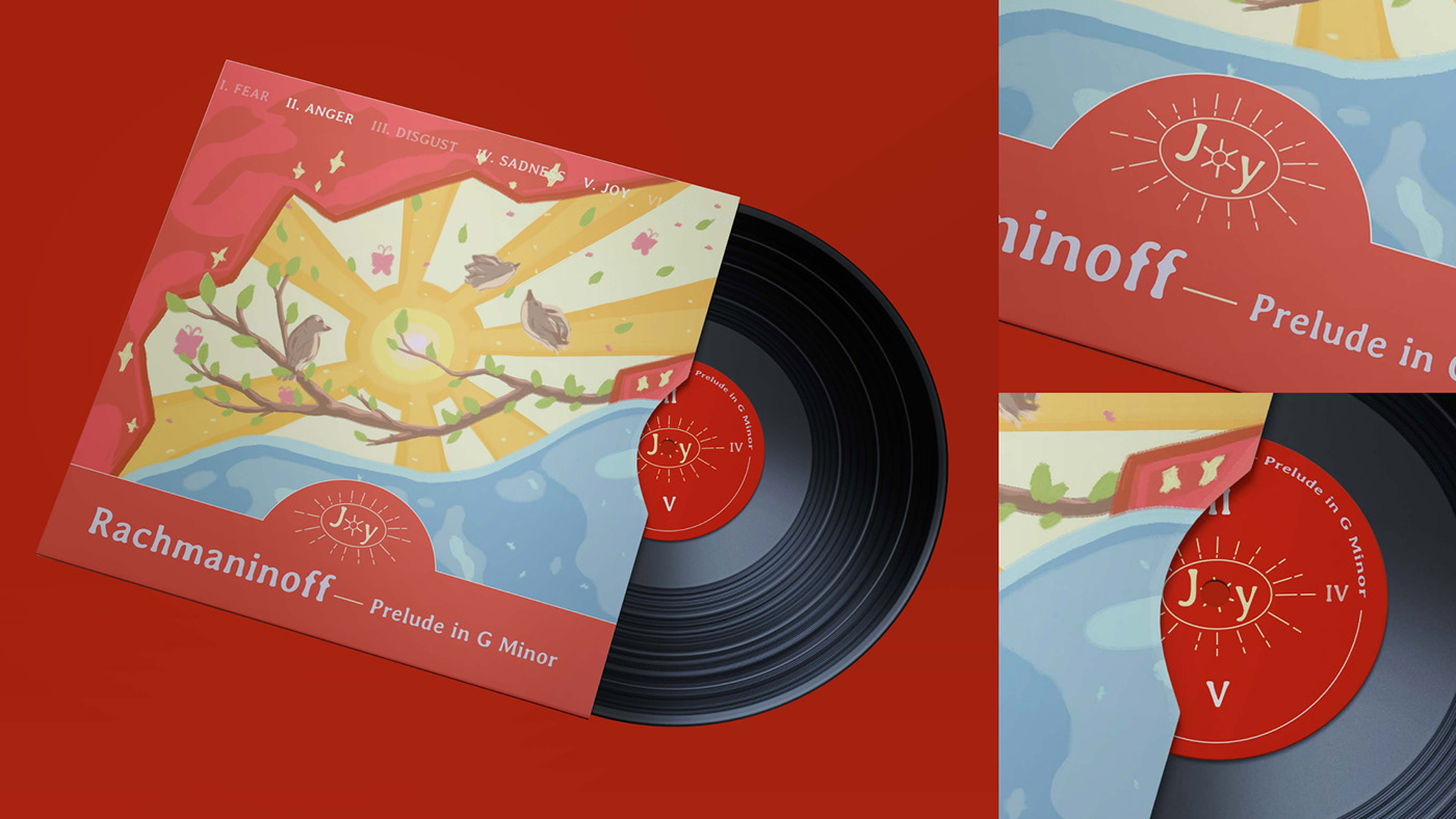 Mockup, illustration, vinyl record cover design, packaging design, red color