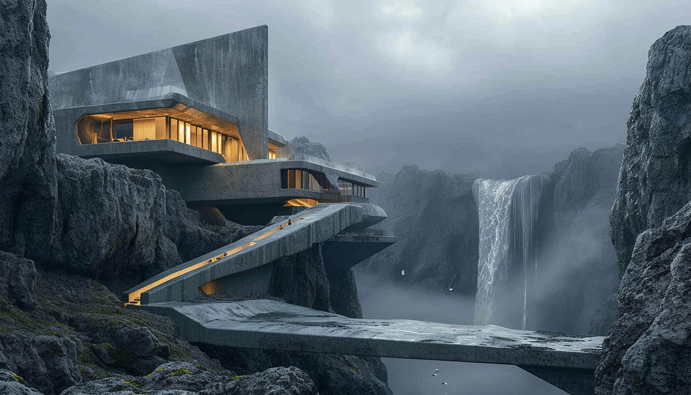 cliff mountains rock architecture visualization archviz exterior CGI futuristic house
