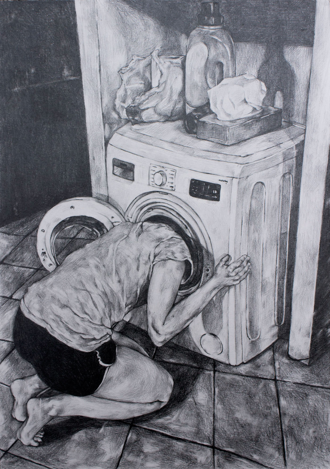 Drawing  black and white graphite self portrait representational