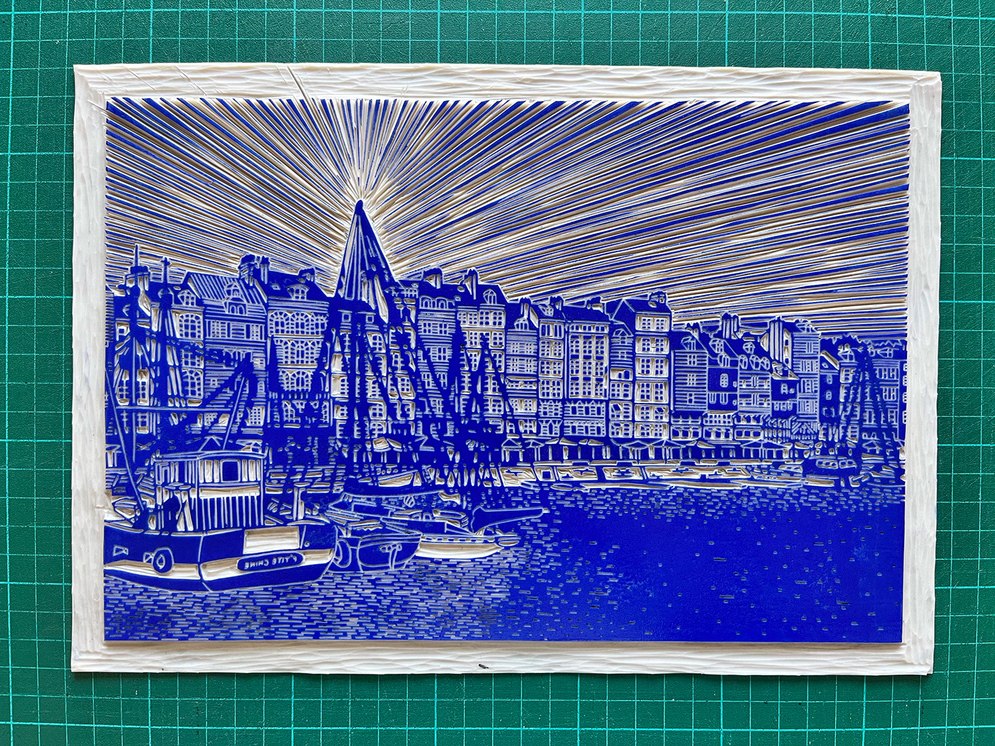 linogravure linocut printmaking Linoprint handprinted relief print ink bleu ville city