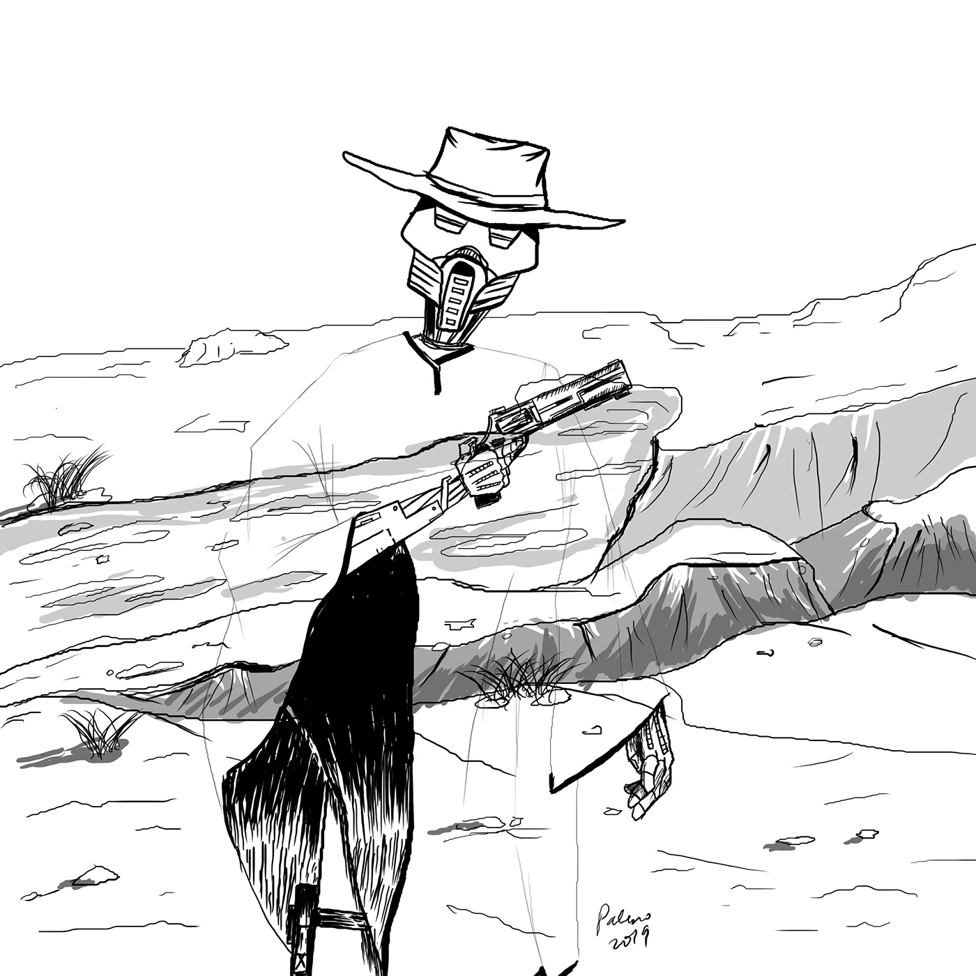 sketch digitalart artist robots marchofrobots ILLUSTRATION  western cowboy guns mecha